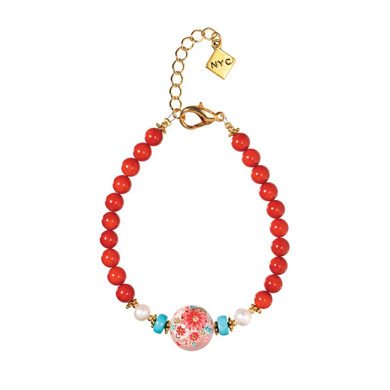 Clear Mum Tensha Bead and Coral Bracelet