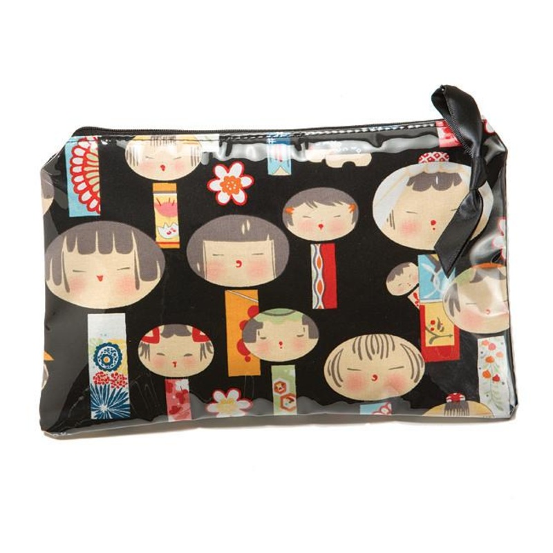 Yancha Kokeshi Print Cosmetic Bag-Black