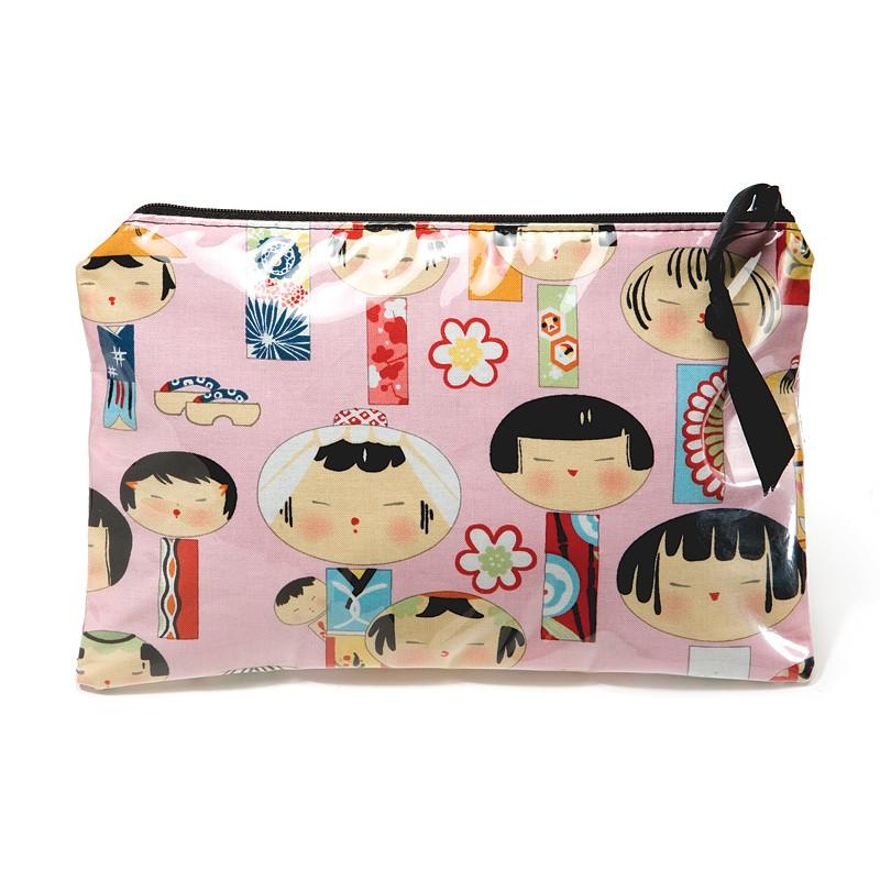 Yancha Kokeshi Print Cosmetic Bag-Manju Pink