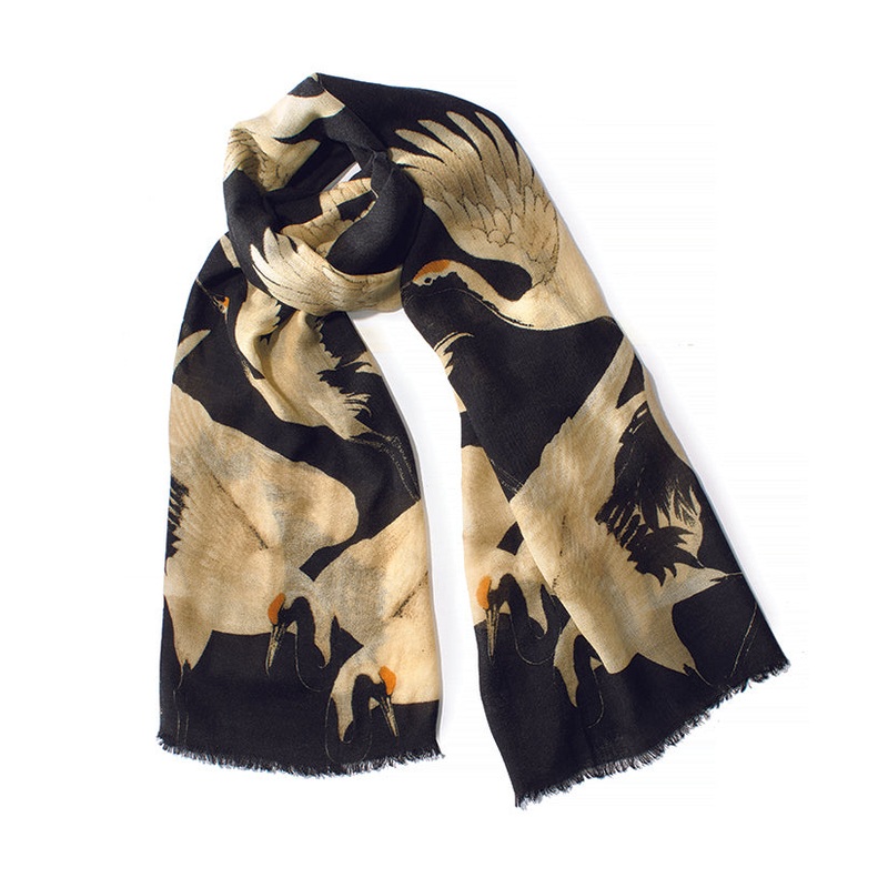 Black Wool Cranes Scarf