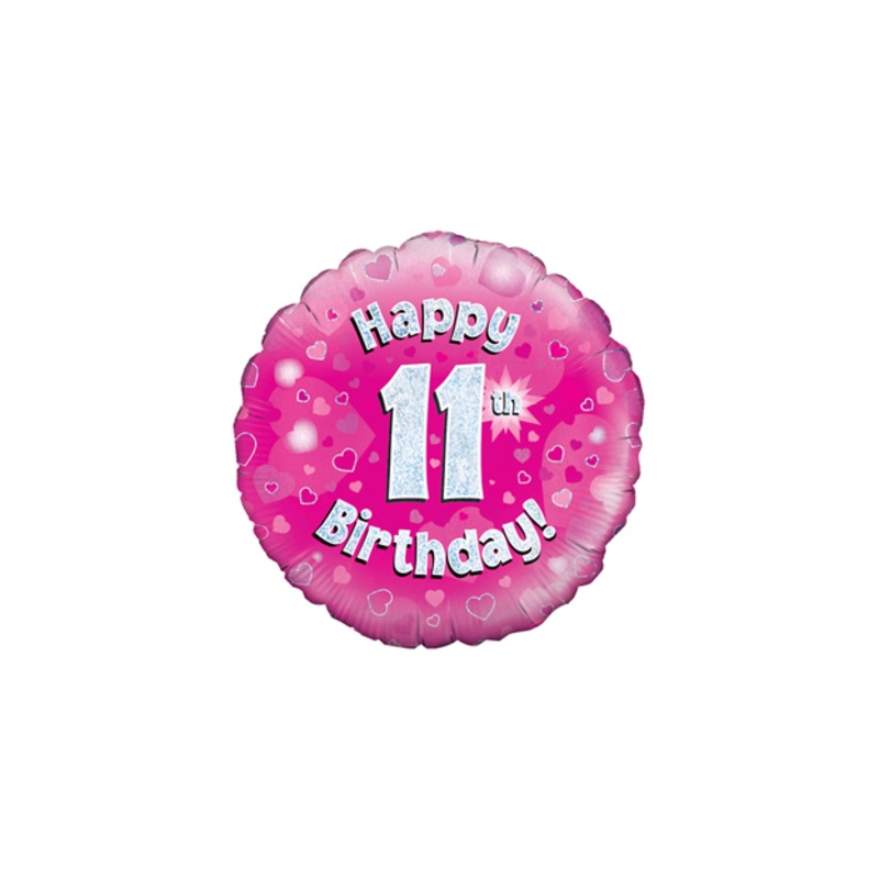 18inch Happy 11th Birthday Pink Holographic Balloon