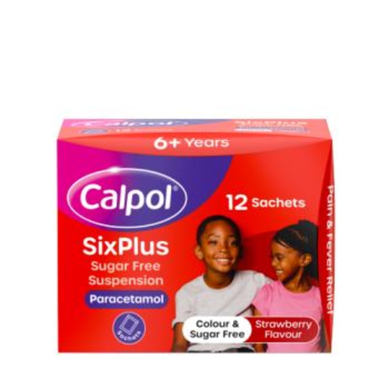Calpol SixPlus sugar free suspension 12 sachets strawberry flavor