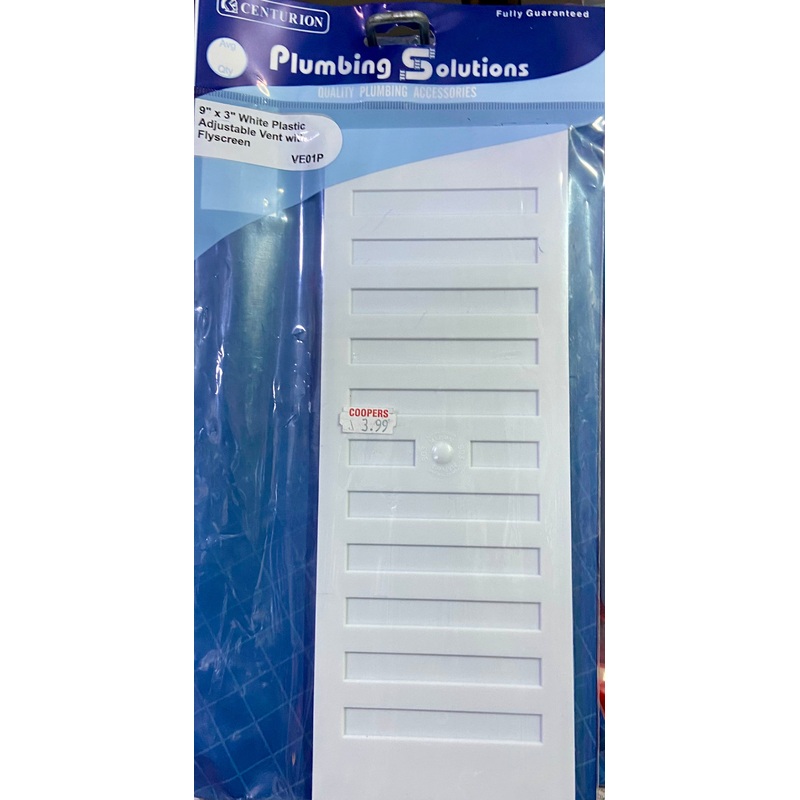 CENTURION PLUMBING SOLUTIONS 9 x 3 WHITE PLASTIC ADJUSTABLE VENT WITH FLYSCREEN