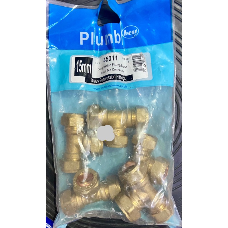 15mm COMPRESSION FITTING BRASS EQUAL TEE CONNECTOR