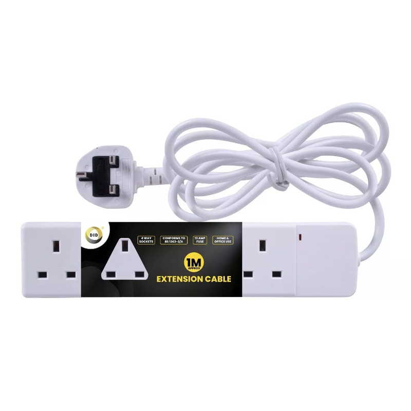 4 Way UK Extension 1M Lead Cable Main Plug 4 Plugs Safety Plug