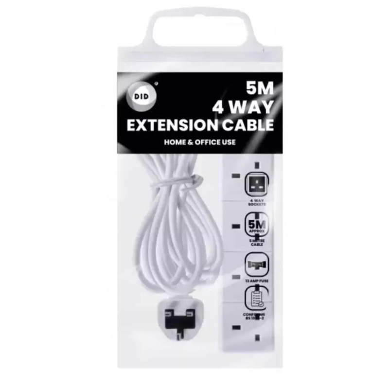 4 Way UK Extension 5M Lead Cable Main Plug 4 Plugs Safety Plug