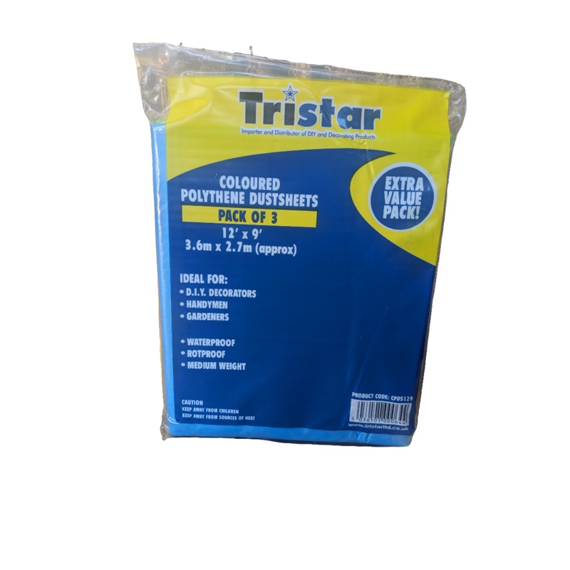 TriStar  Coloured  Polythene Dustsheets Pack of 3. Size  12’x 9′( 3.6mx2.7m) Approx
