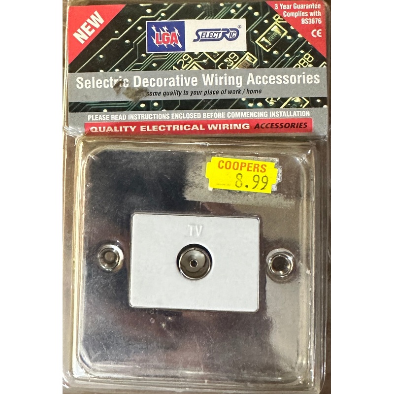 TV Coaxial Socket, Flat Plate, Stainless Steel/Black Insert