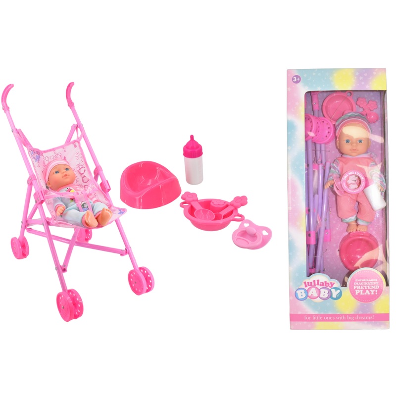 10 / 26cm Large Baby Doll & Stroller In Wbx