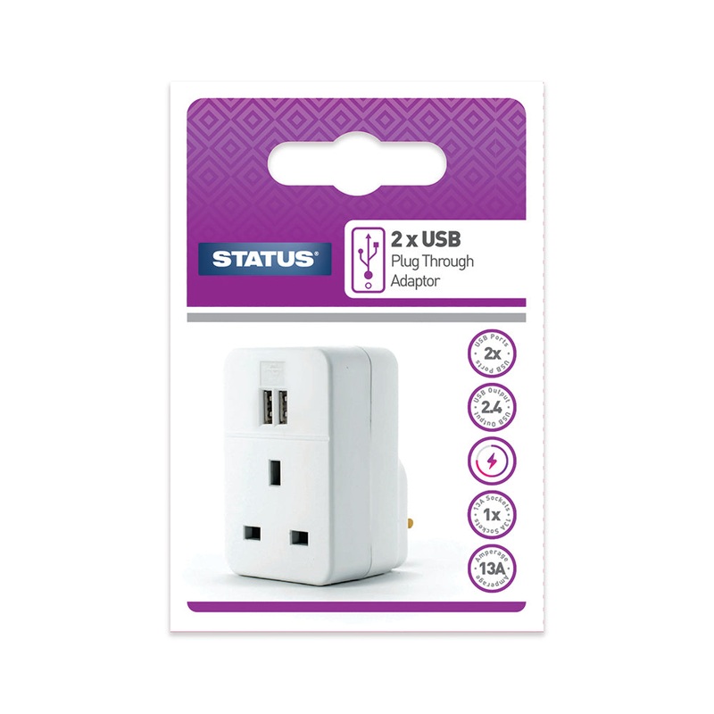 2 x USB Charging Port Power Adaptor – White -Plug Through – 2100mA – 1 pk