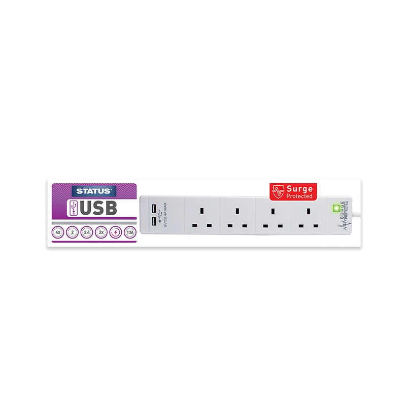 4 way – 2 Mtr – Extension Socket – White – 2 x USB Charging Port -Plug – 1 pk