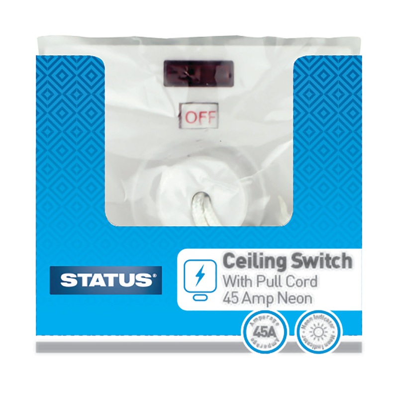 45 amp – Ceiling Switch – Pull Cord – 2 way – White -1 pk