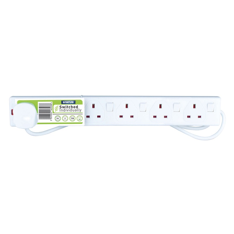 6 way – 2 Mtr – Extension Socket – Individually Switched- White – Neon Indicator – Plug – 1 pk