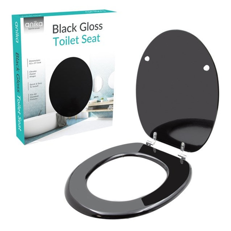 Black Gloss) Anika Toilet Seat / Chrome Hinges / Easy Installation / 43cm x 37.5cm