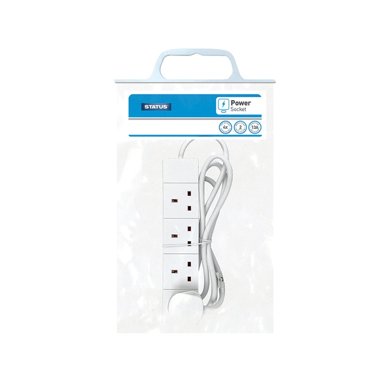 4 way – 2 Mtr – Extension Socket – White -Plug – 1 pk – in Poly Bag with Handle