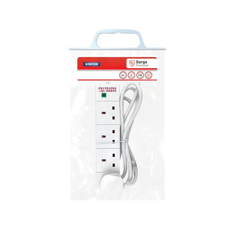 4 way – 2 Mtr – Surge Protected – Extension Socket – White -Neon Indicator – Plug – 1 pk – in Poly Bag with Handle