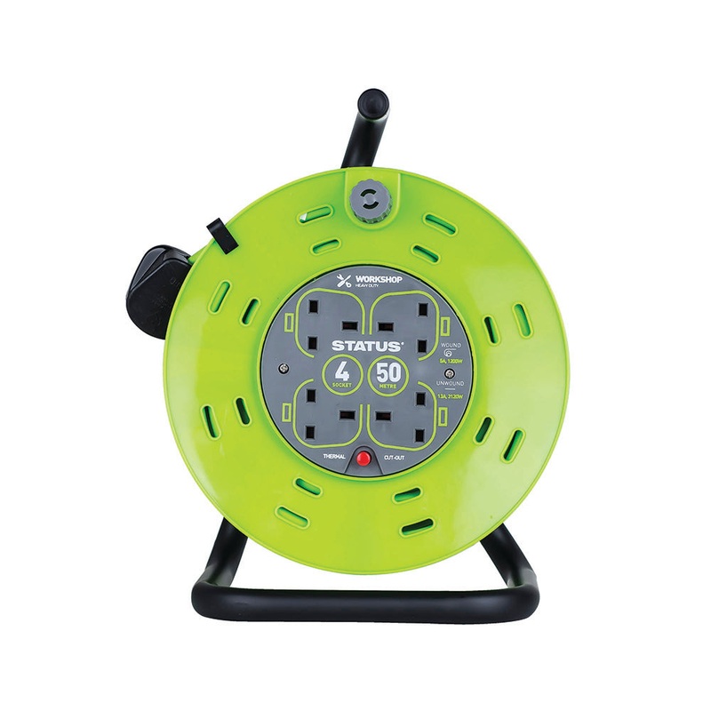 50 Mtr – 13 amp – M Frame – 4 Socket Outlet with Thermal Cut Out – Green – Cable Reel – 1 pk