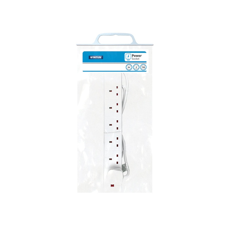 6 way – 2 Mtr – Extension Socket – White – Neon Indicator – Plug – 1 pk – in Poly Bag with Handle