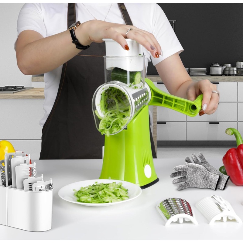 Tabletop Cheese Grater Rotary, Cheese Grater with Drum Blades, Round Cheese Shredder Grater with Strong Suction, Handheld Mandoline Slicer for Cucumber Carrot