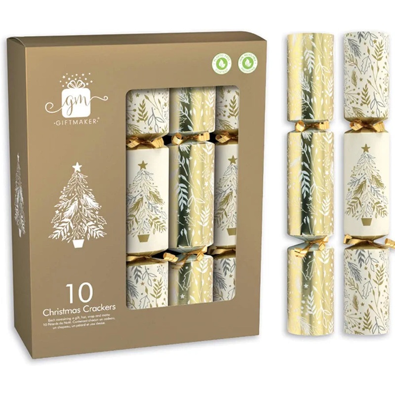 Traditional 11 Festive Christmas Crackers Eco Friendly (Gold & Cream)