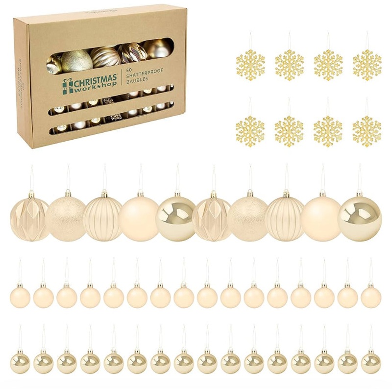 CHRISTMAS 50 SHATTERPROOF BAUBLES GOLD MIXED SIZE