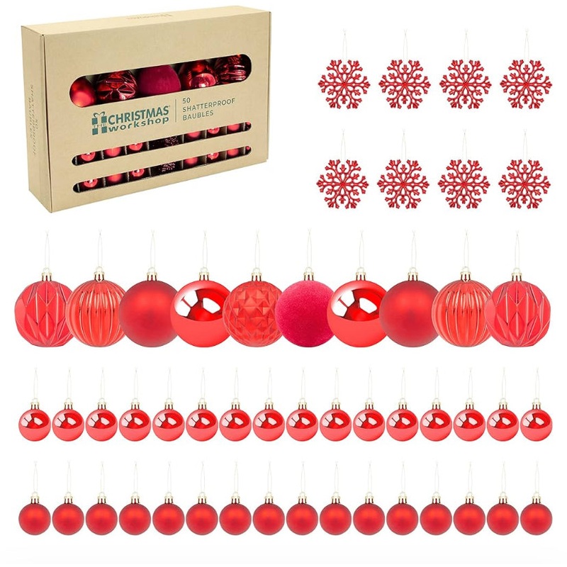 CHRISTMAS 50 SHATTERPROOF BAUBLES RED MIXED SIZE