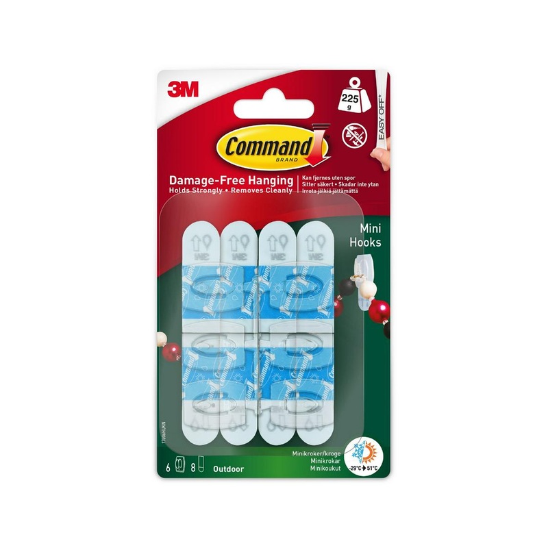 Command Outdoor Mini Hooks 6 Hooks & 8 Small Outdoor Strips