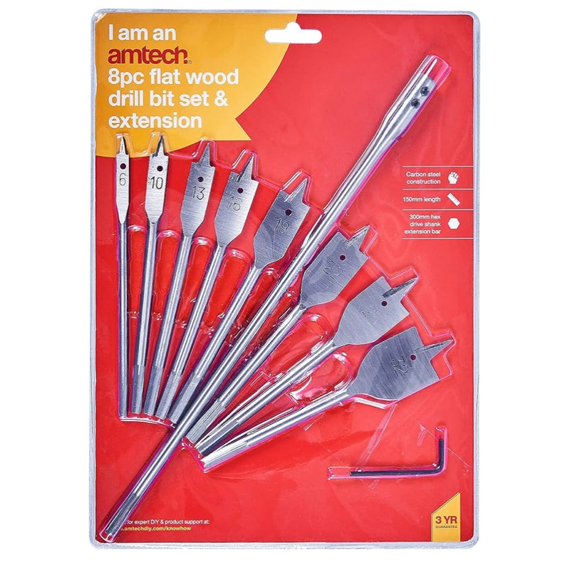 AMTECH 8pc FLAT WOOD DRILL BIT SET & EXTENSION