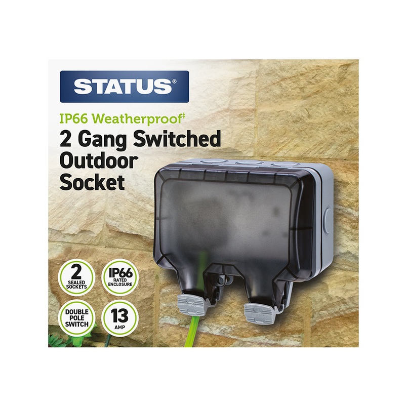 2 gang – 13 amp – Weatherproof – IP66 – Switched – Socket – White – Grey Cover –