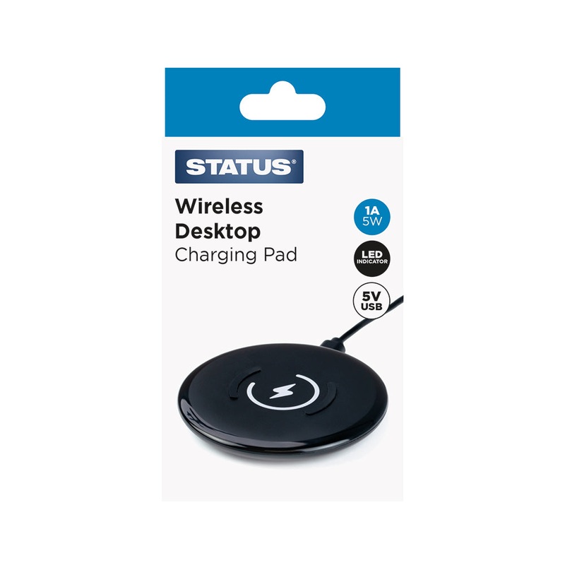 Wireless Desktop Charging Pad – 1 amp – Black – Status – 1 pk box