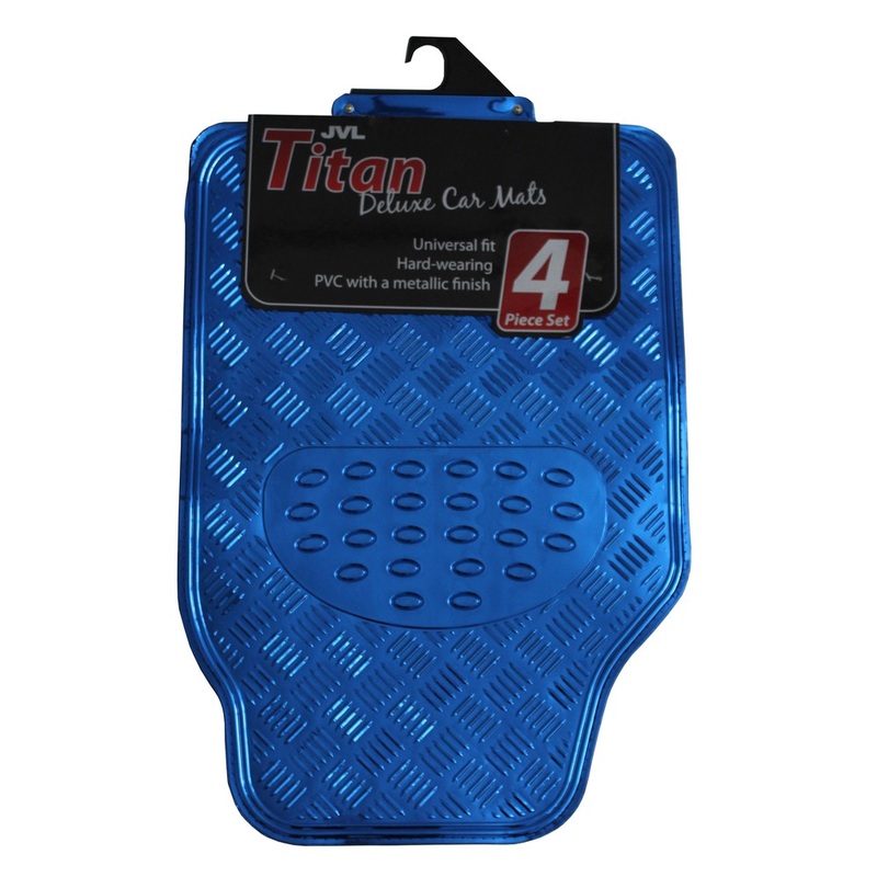 Upgrade Your Car Interior with Titan 4-Piece Metallic Car Mat Set in Blue.