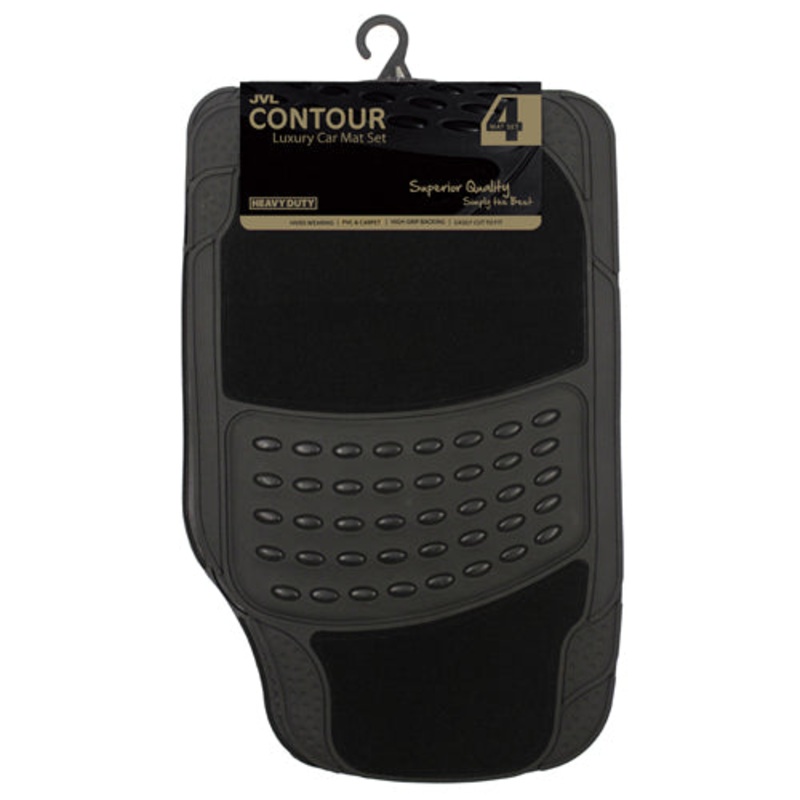 Upgrade Your Ride with Contour Luxury 4-Piece Car Mat Set – Black.