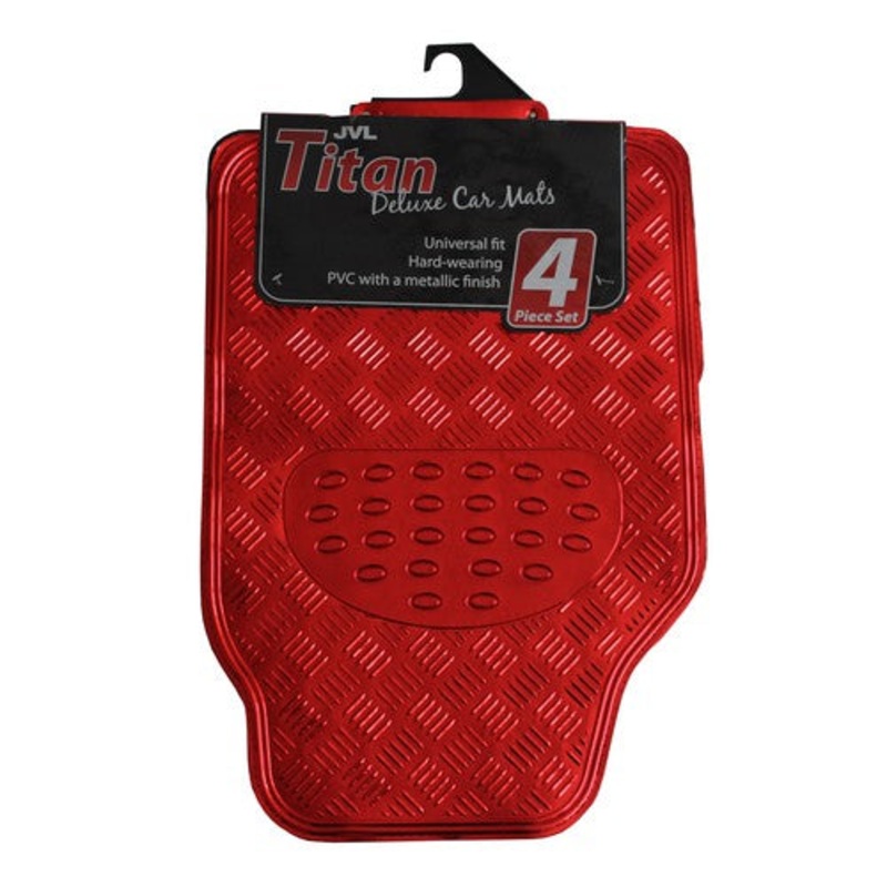 Upgrade Your Ride with Titan 4-Piece Metallic Car Mat Set – Red.