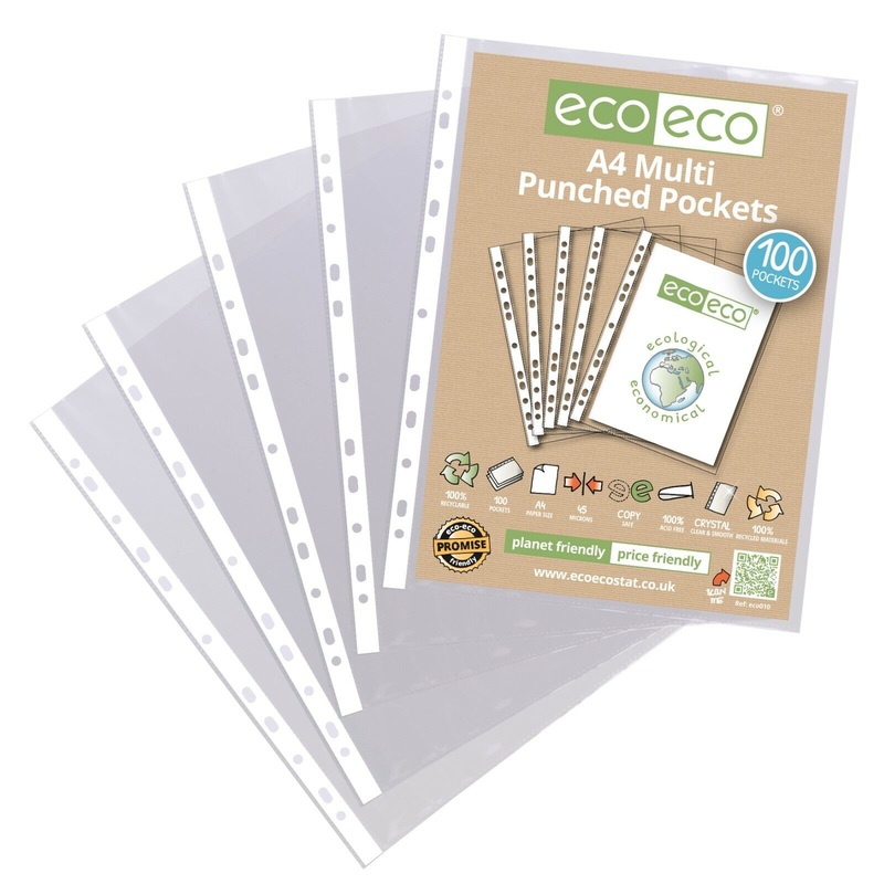 100 x eco-eco A4 100% Recycled Smooth Glass Clear Punched Plastic Pockets