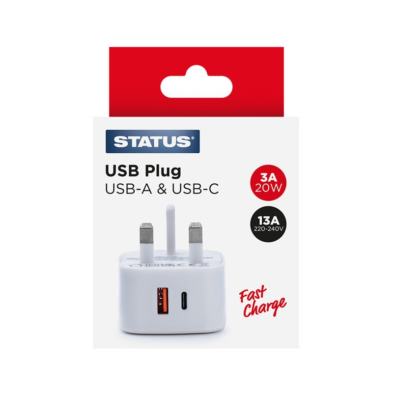 1 x Twin USB A & C Fast Charging Port Power Adaptor – White Plug – 20W – Status – 1 pk – in a Colour Box)