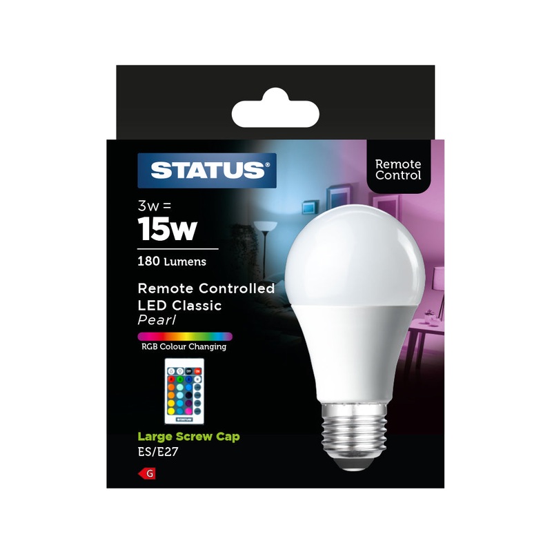 3w – Status – LED Colour Changing – GLS – ES – 16 Colour Modes / 4 Transition Modes – Remote Control – 5m Range – 1 pk – in a Box
