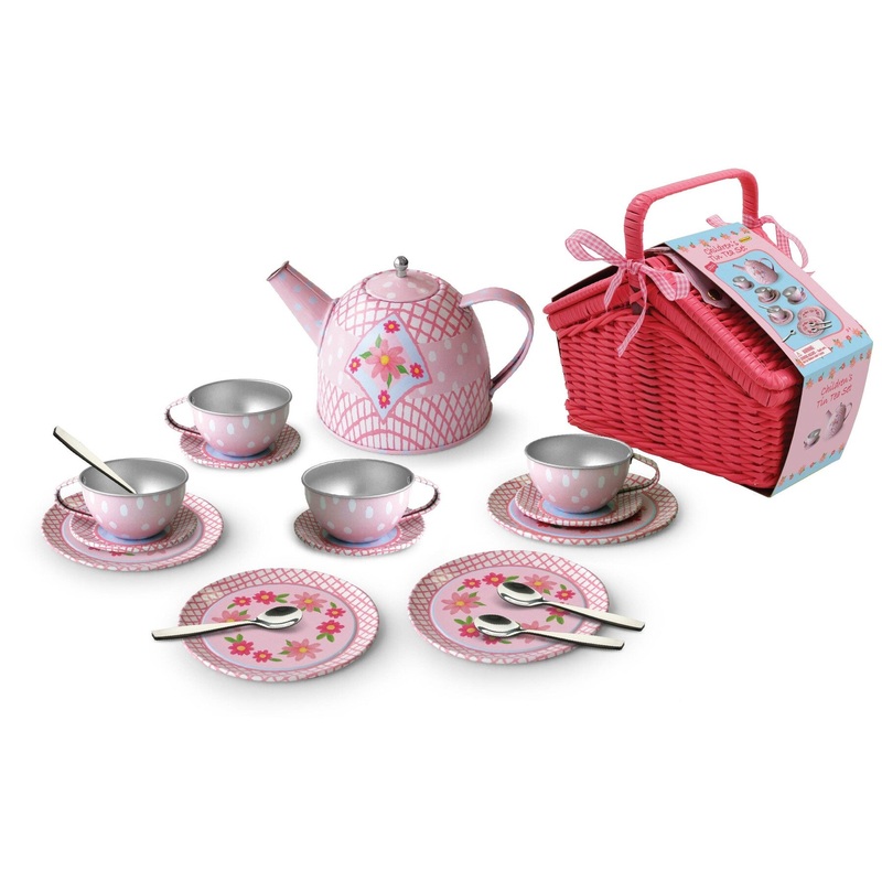 Floral Tin Tea Set in Picnic Basket