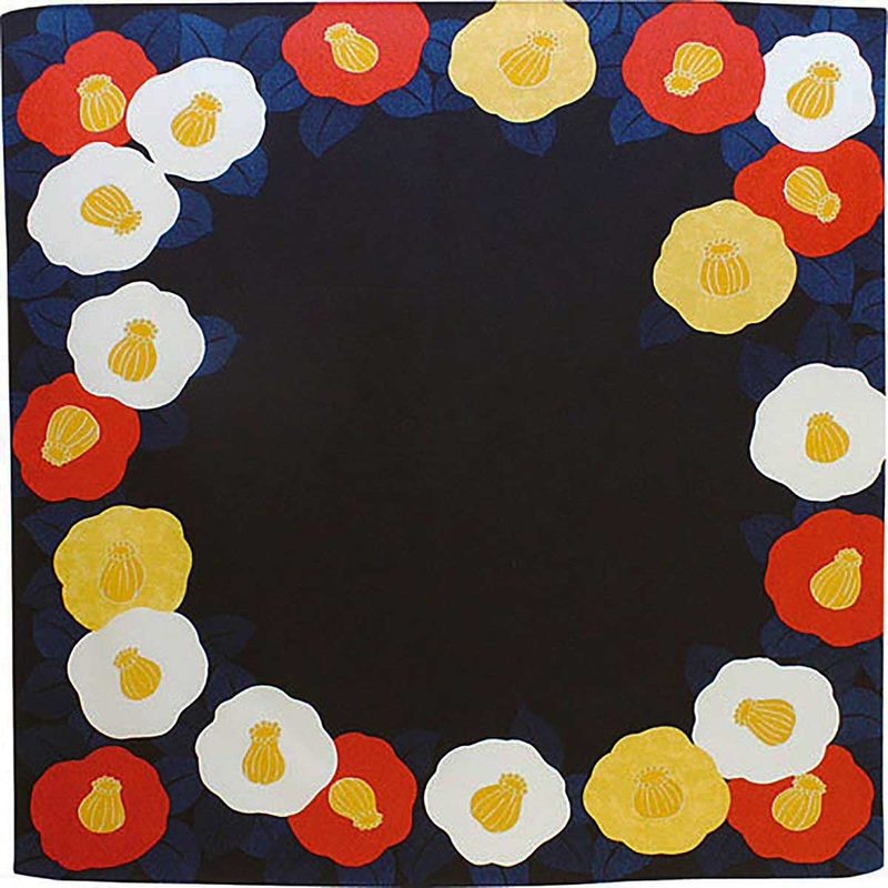 Koetsu Chirimen Yuzen – Tsubaki (Camellia)  – Furoshiki  70 x 70 cm