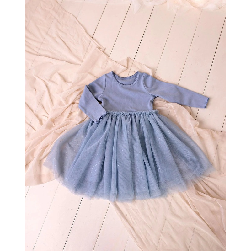 Long Sleeved Ribbed Tulle Dress – Dusty Blue