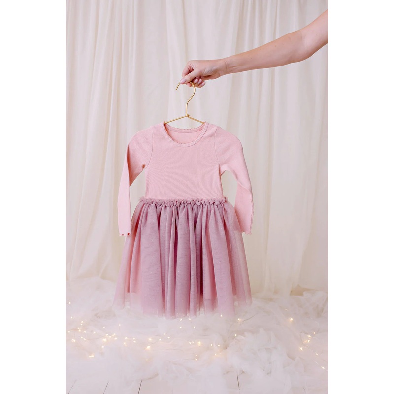 Long Sleeved Ribbed Tulle Dress – Dusty Pink