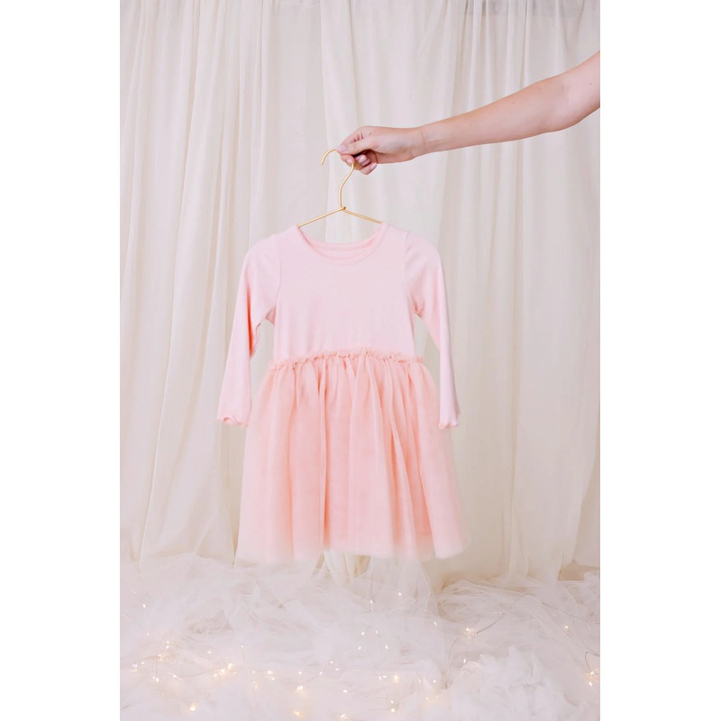 Long Sleeved Ribbed Tulle Dress – Soft Rose