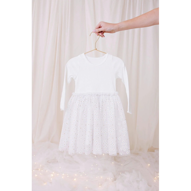 Long Sleeved Ribbed Tulle Dress – White Daisies