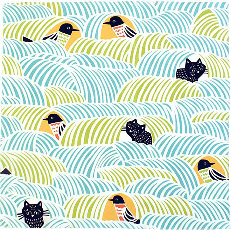 Kata Kata – Neko to Tori (Cats and birds) Green   – Furoshiki   45 x 45 cm