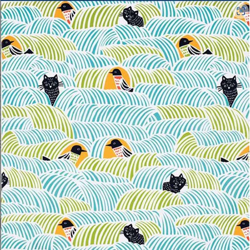 Kata Kata – Neko to Tori (Cats and birds) Green  – Furoshiki   70 x 70 cm