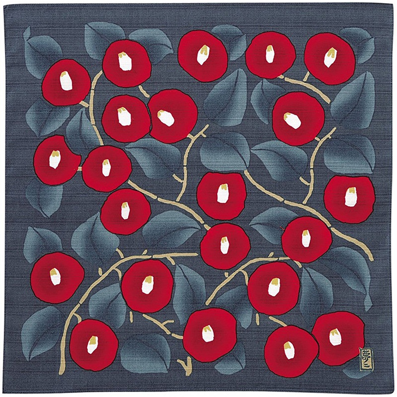 Takehisa Yumeji -Tsubaki(Camellia) Blue gray  – Furoshiki 48 x 48 cm