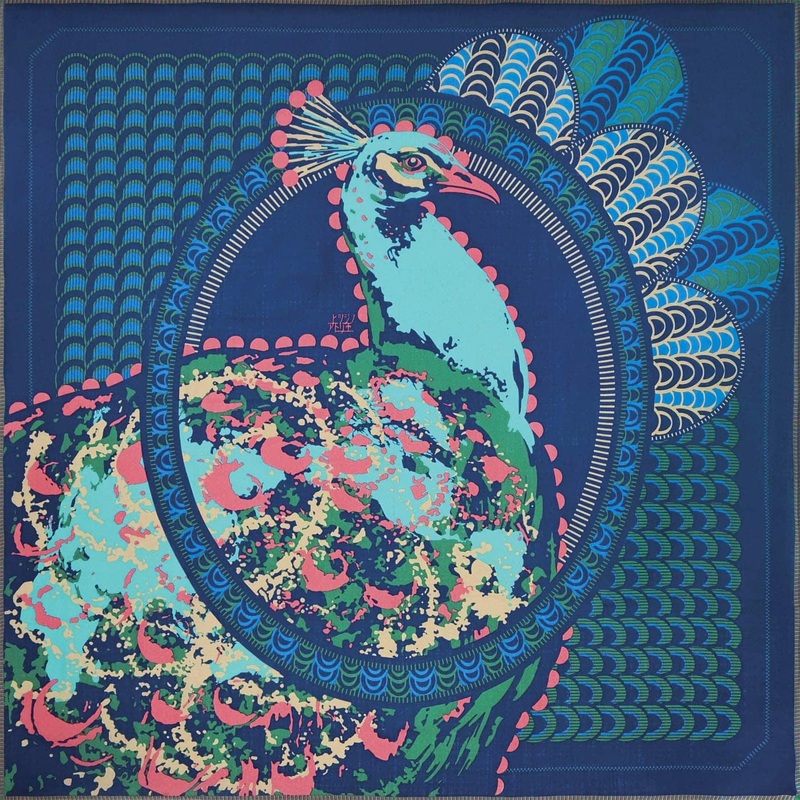 Hitsuji no Atelier – Peacock  103 X 103 cm   100% Wool   (Japanese Wrapping Cloth)