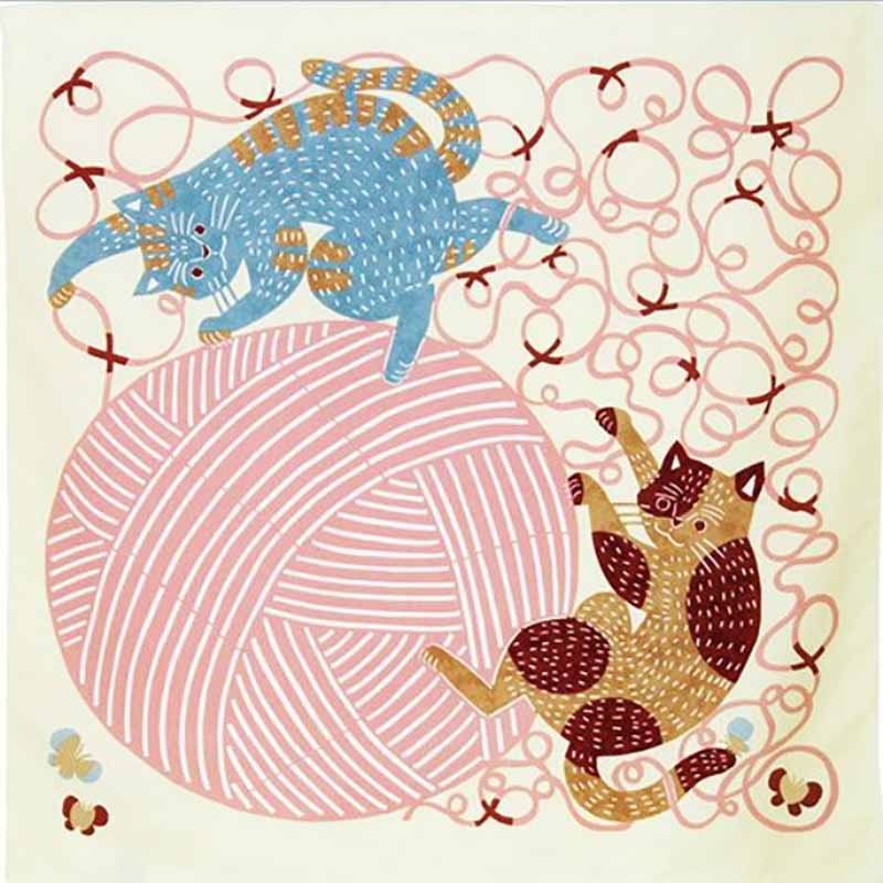 Kata Kata – Water repellent finish – Neko to Keito (Cat) Yellow    ()- Furoshiki   70 x 70 cm