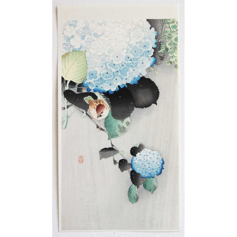 Ohara  Koson – Ajisai ni suzume  (Sparrow on Hydrangea) – Free Shipping