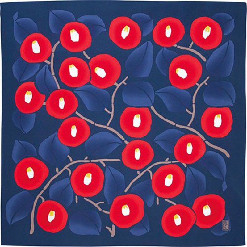 Takehisa Yumeji – Aqua Drop (Water repellent finish)  – Tsubaki(Camellia) Navy    ()- Furoshiki   70 x 70 cm