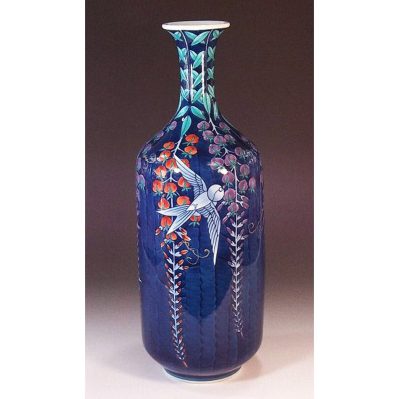 Fujii Kinsai Arita Japan – Iro Nabeshima style Wisteria & Swallow Vase 34.50 cm – Free Shipping